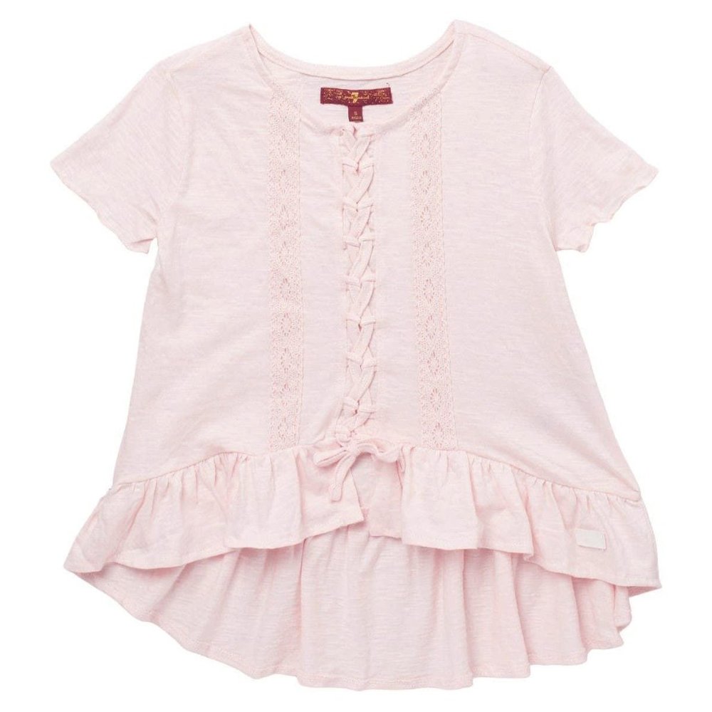 NEW 7 FOR ALL MANKIND Big Kid Lace Up Bow Ruffle Asymmetrical Slub Tee Shirt - Picture 1 of 2